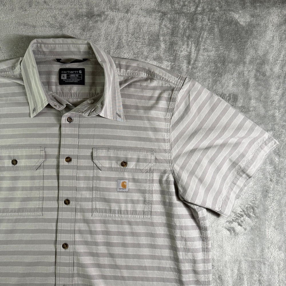 Carhartt Mens XL Gray Striped Short Sleeve Button Up Work Shirt Loose Fit